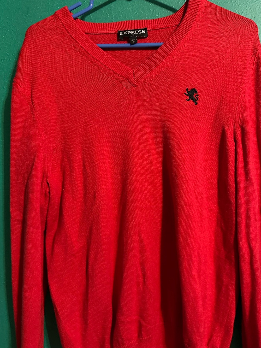 Express Men's Bright Red V-Neck Sweater with Embroidered Crest